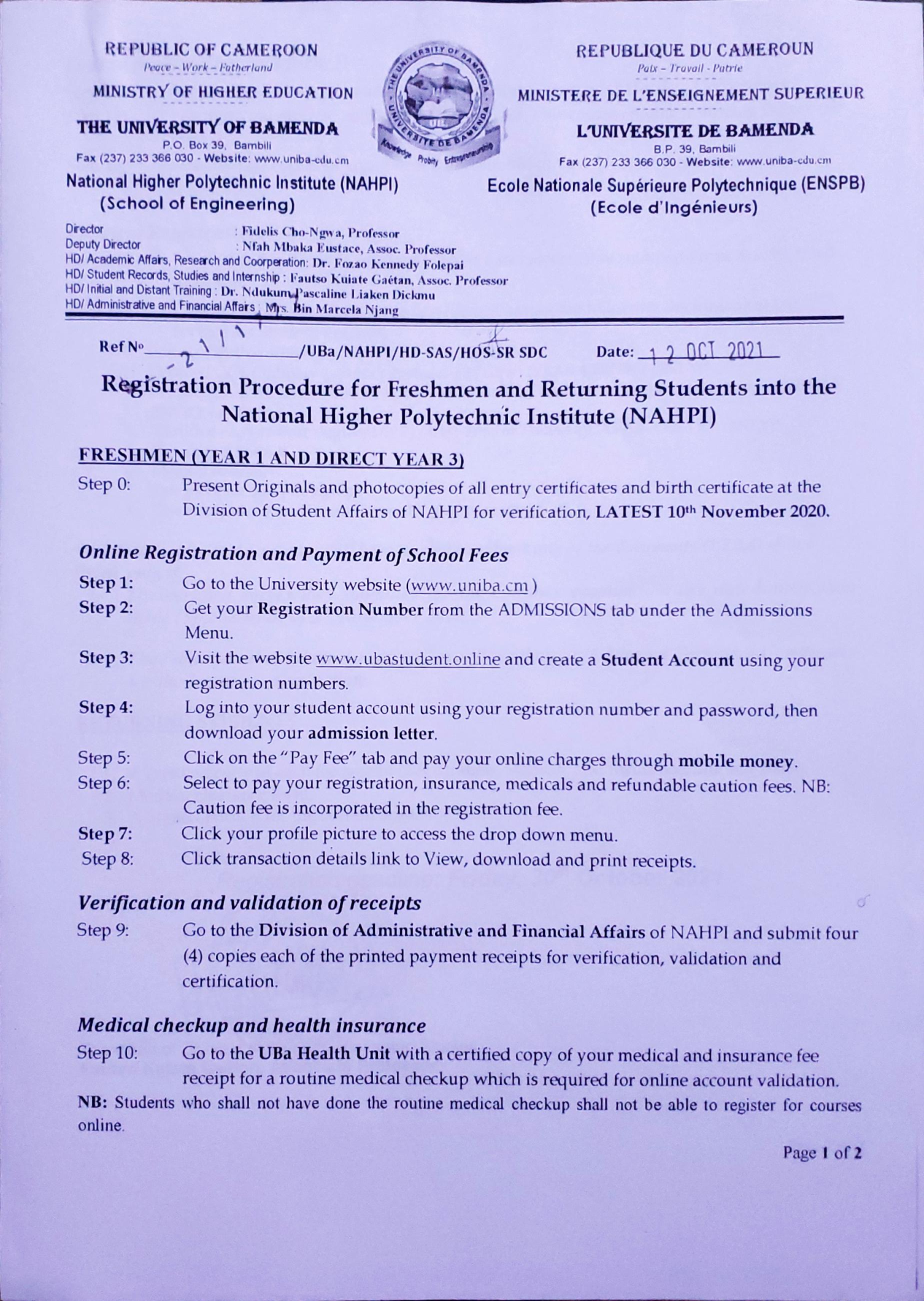 REGISTRATION PROCEDURE FOR FRESHMEN AND RETURNING STUDENTS INTO NAHPI